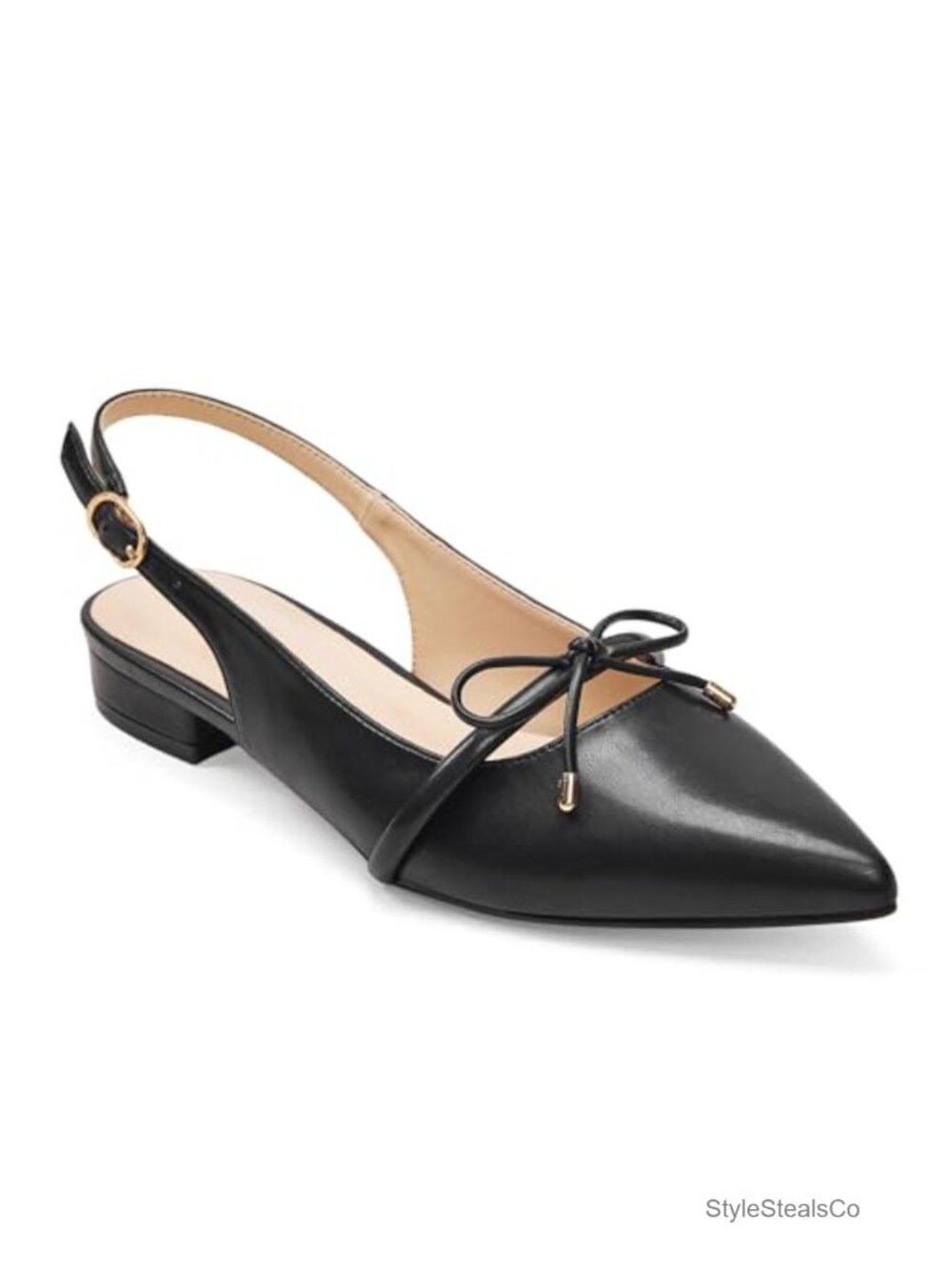 Pointed Toe Slingback Flats with Bow Accent and Low Block Heel